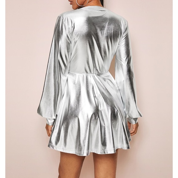 Silver Metallic Deep V Fit & Flare Party Dress - Picture 2 of 5